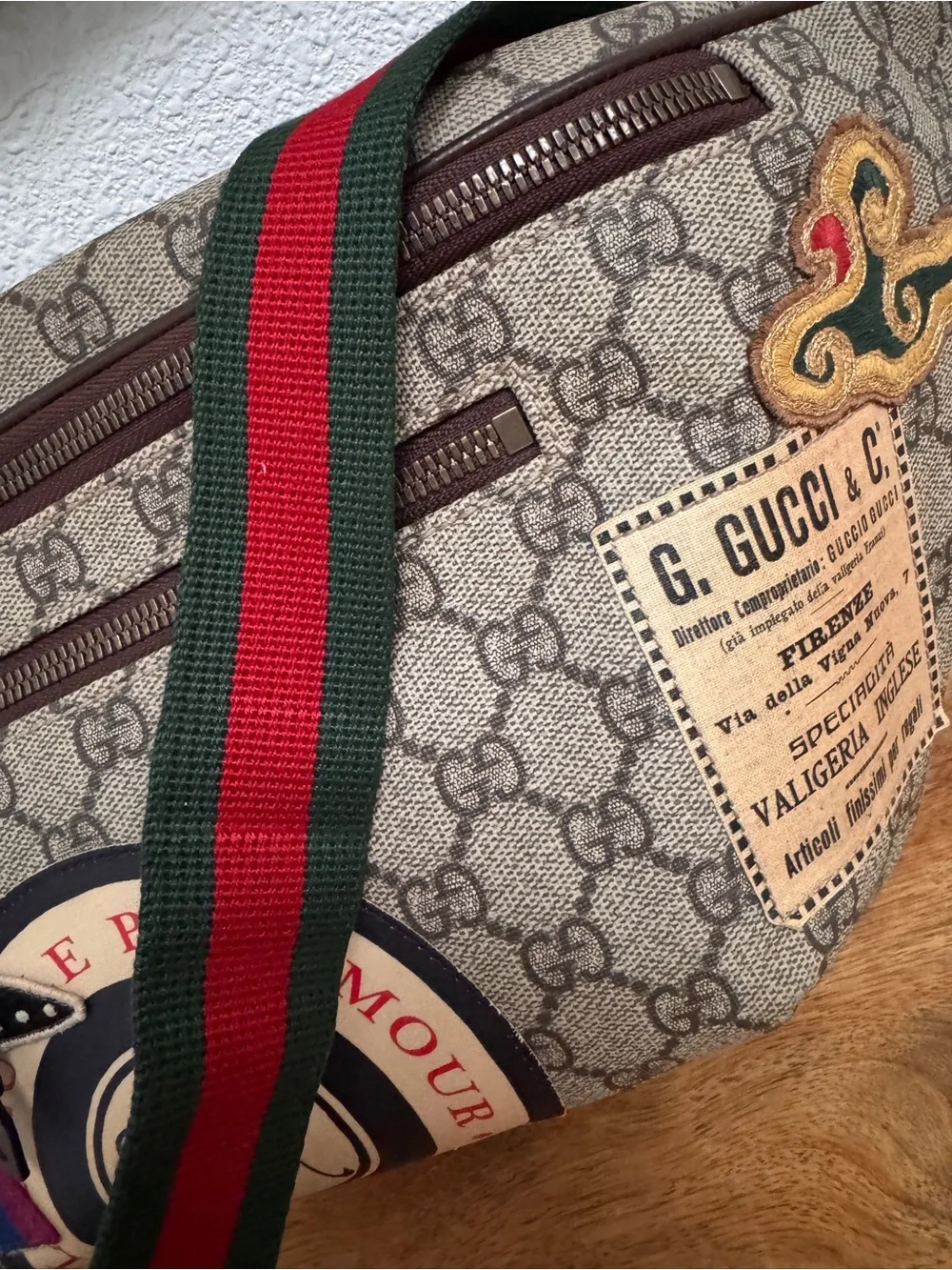 Gucci Beige GG Supreme Canvas Belt Bag with Multicolor Patches and Web Strap